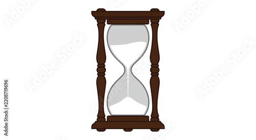 Hourglass with wooden frame stands against a white background