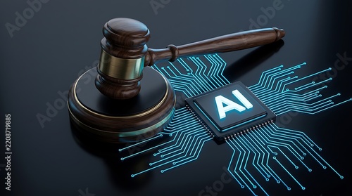 Wooden judge gavel resting beside microchip with glowing circuit board tracks representing artificial intelligence regulation