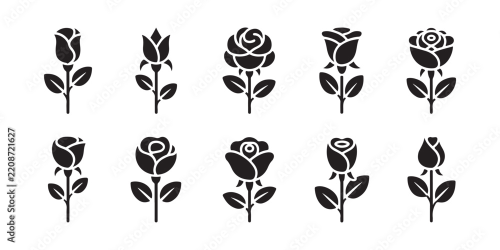 Obraz premium Minimalist black rose bud icons set offers various floral stencils for modern branding and logo work.