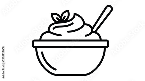 Yogurt bowl vector illustration featuring creamy dairy snack food with healthy leaves and a spoon outline graphic