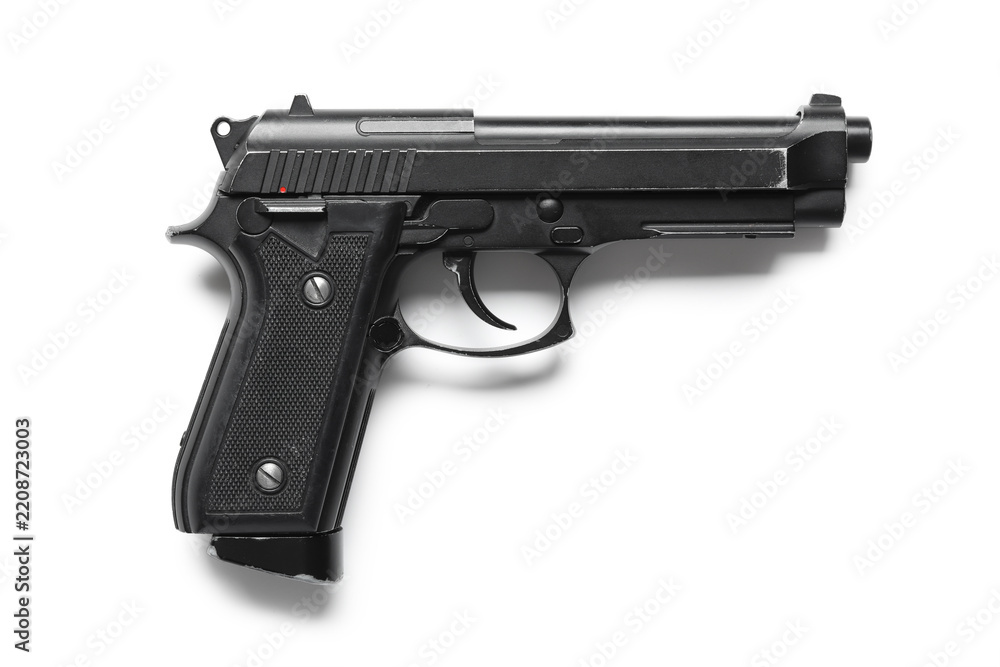 Obraz premium Gun violence and crime prevention, black semi-automatic handgun for self defense or law enforcement security isolated on a clean white background