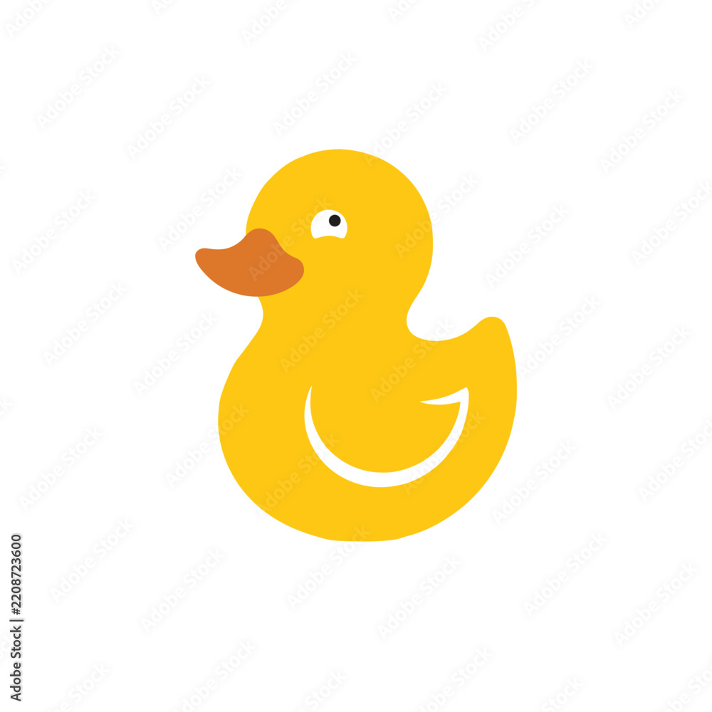 Fototapeta premium Cute yellow rubber duck cartoon character illustration with an orange beak, isolated on white background.