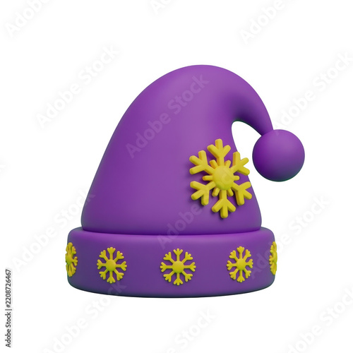 3D purple Christmas hat with yellow snowflake patterns and a pom-pom on a white background