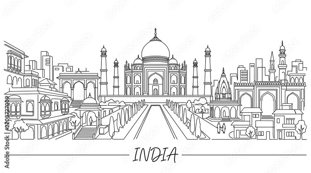 Obraz premium India Skyline Panorama - Taj Mahal Landmark Line Art
