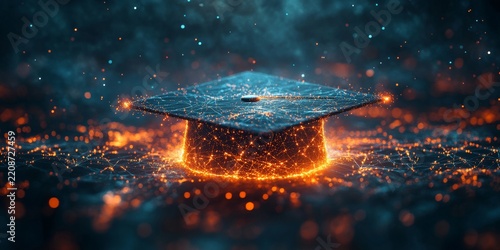 Digital illustration of a graduation cap made from glowing data connections, representing the impact and connection between education technology products, Generative AI