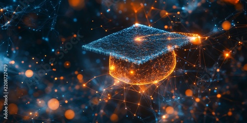 Digital illustration of a graduation cap made from glowing data connections, representing the impact and connection between education technology products, Generative AI