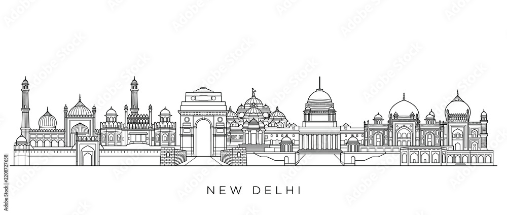 Obraz premium New Delhi Skyline, India - Line Art Illustration of Famous Landmarks