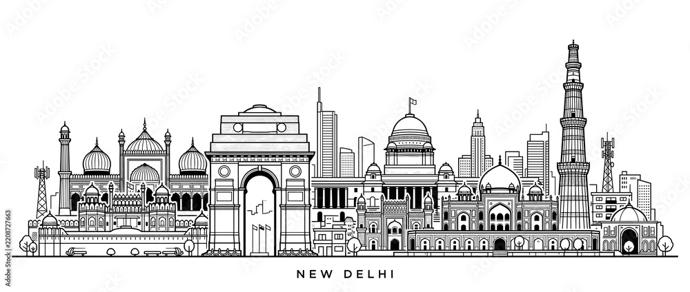 Obraz premium New Delhi Skyline, India Landmarks Line Art Illustration