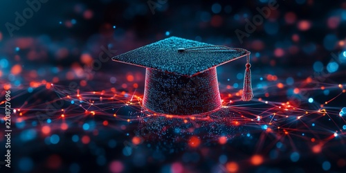 A digital graduation cap floating above an array of interconnected nodes, symbolizing the technology and global reach that power knowledge sharing in education, Generative AI