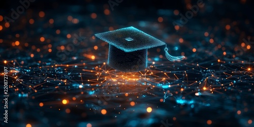 A digital graduation cap floating above an array of interconnected nodes, symbolizing the technology and global reach that power knowledge sharing in education, Generative AI
