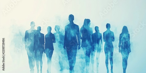 Abstract digital business team concept with people silhouettes in blue and gray colors on a white background A group of businesspeople standing together, working as a collaborative, Generative AI