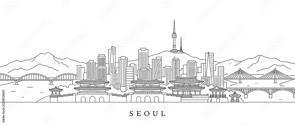 Obraz premium Seoul skyline illustration, iconic landmarks, line art, cityscape, South Korea