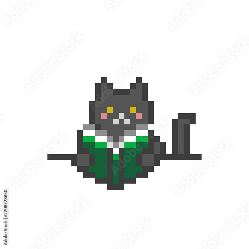 ドット絵の机で本を読む猫