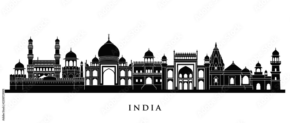 Obraz premium Indian Architecture Skyline Silhouette - Taj Mahal, Mosques, Temples