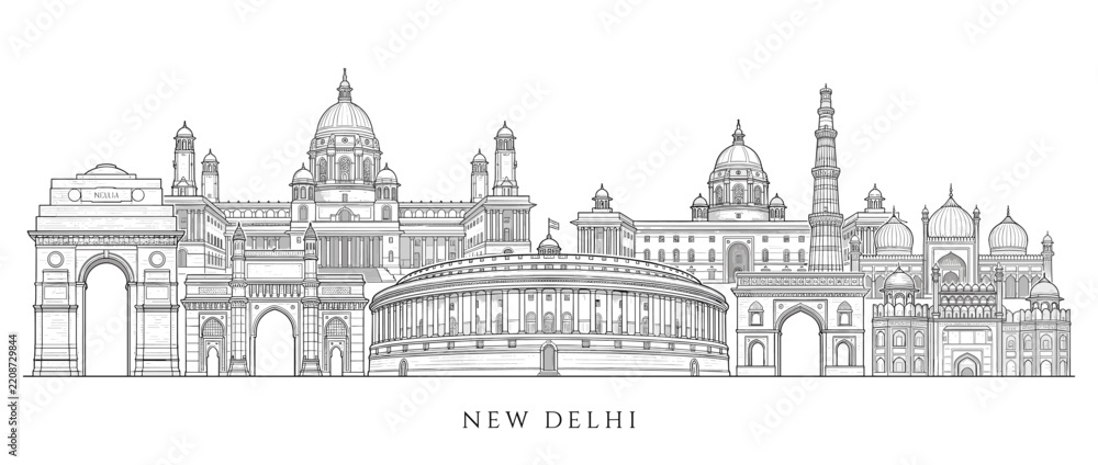 Obraz premium New Delhi skyline illustration. Indian landmarks drawing, black and white cityscape.