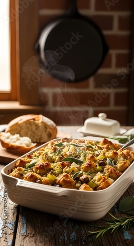 Thanksgiving stuffing in a ceramic dish with steam on a rustic wooden table with copy space