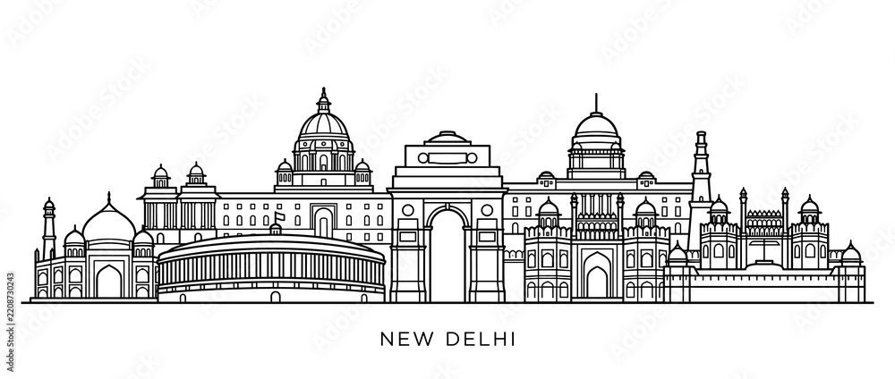 Obraz premium New Delhi Skyline Outline - India Gate, Government Buildings