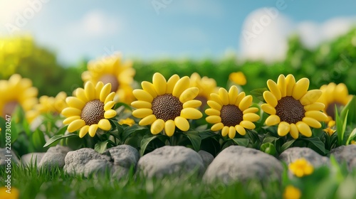 Vibrant field of sunflowers surrounded by green grass and stones under a bright blue sky with playful fluffy clouds