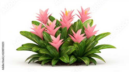 Vibrant cluster of pink bromeliad flowers surrounded by lush green leaves creating a tropical atmosphere in a serene garden setting