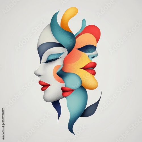 Abstract illustration of two female faces with vibrant colors and stylized features representing femininity and duality in modern art.
