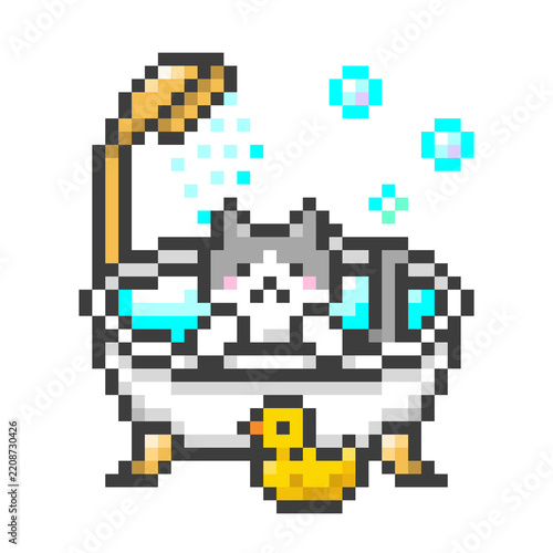 ドット絵の猫足バスタブのお風呂に入る猫