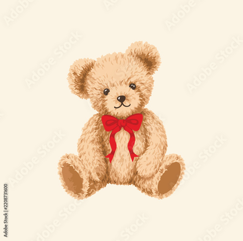 Red bow on neck teddy bear background 