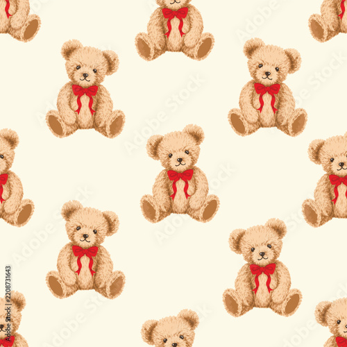 Hand drawn illustrations set of teddy bears with red ribbons on neck seamless pattern 