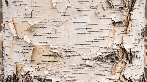 White birch bark texture with peeling papery layers and dark lines