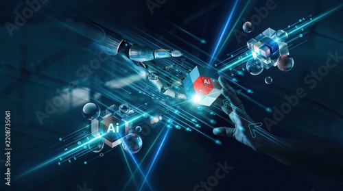 Futuristic concept of artificial intelligence and robotics, featuring a robotic hand interacting with holographic AI cubes and digital data streams in a dark high-tech