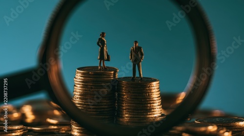Tiny figurines of man and woman standing on separate stacks of coins viewed through magnifying glass representing financial gender gap and economic disparity