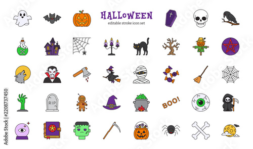 Set of 38 colorful halloween line icons including pumpkin, ghost, witch, skull, vampire, bat, spider, cauldron and spooky symbols with editable stroke.