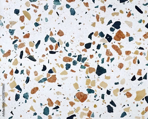 Multicolor terrazzo texture background. Mixed chip surface of white carnival base sheet for festival branding, party design and colorful interior design. Earthy stone pattern festive playful material 
