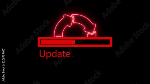 Red neon update loading bar with rotating sync arrows animation on black background, progress