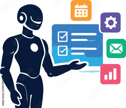 Artificial Intelligence Robot Presenting Task Management Interface with Digital Icons for Business Productivity and Workflow Automation Vector Illustration