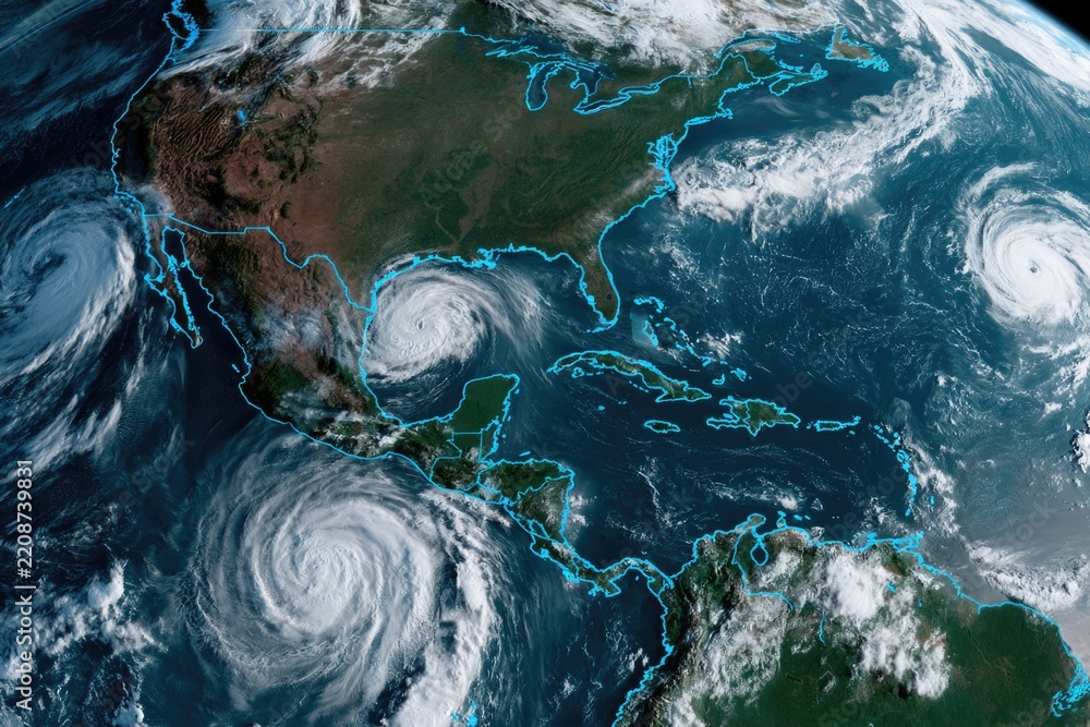Naklejka premium Satellite image showing multiple hurricanes forming over the Atlantic Ocean and Gulf of Mexico near North and Central America.
