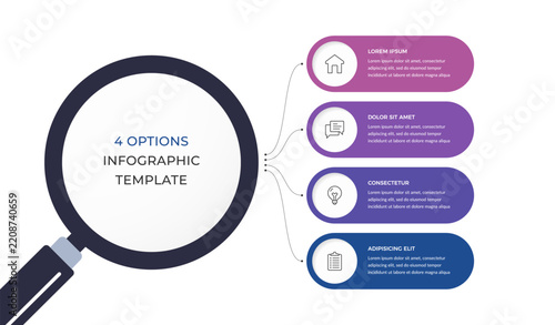 Infographic template with magnifying glass linked by curved lines to four banners arranged vertically