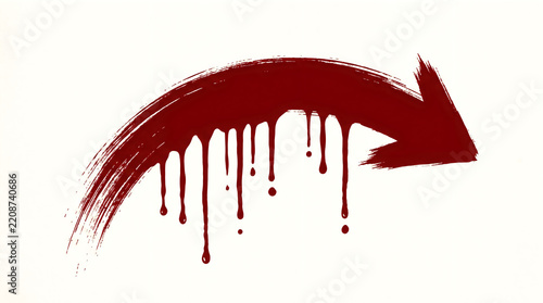 Curved arrow graphic design featuring dark red paint drips and messy brush strokes isolated cleanly on white background