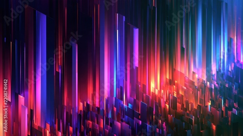 Abstract vertical glowing light bars in vibrant blue red purple shades creating futuristic technology cityscape digital background
