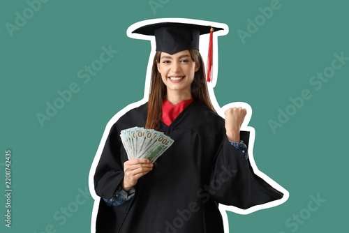 Student loan debt and financial success, happy graduate holding cash money wi...