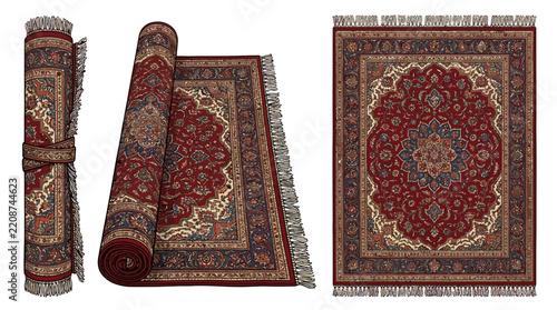Set of traditional Persian style rugs with intricate red and blue patterns isolated on white.