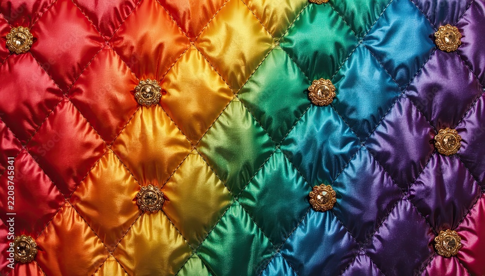 Fototapeta premium Rainbow colored quilted satin fabric with decorative buttons