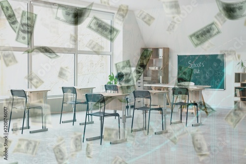 Education funding and school budget crisis, empty classroom with falling mone...