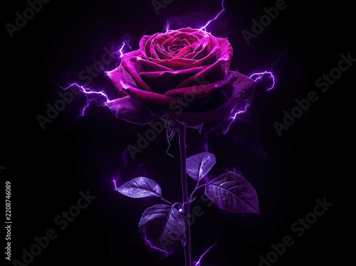 Purple rose surrounded by electric lightning on black background