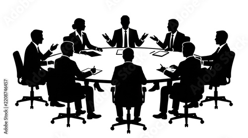 Business silhouettes seated around round meeting table