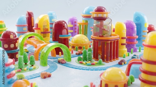 City landscape constructed entirely from colorful gummy candies, featuring jelly buildings, candy roads, and sugarcoated trees in a whimsical toy town