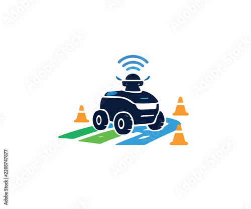 Autonomous Delivery Robot Navigating Obstacles, Modern Technology Vector Illustration for Logistics and Smart Warehouse Automation Concepts