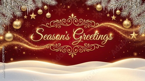 Season's Greetings Banner with Golden Frame and Snowy Landscape