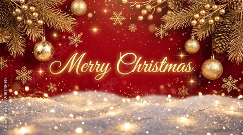 Merry Christmas Golden Text with Hanging Baubles and Snow Background