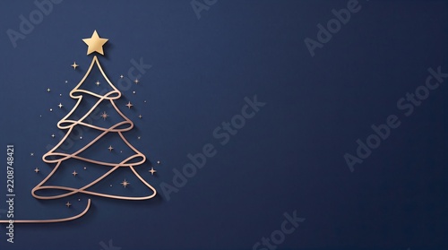 Premium panoramic Christmas banner template featuring a minimalist rose gold continuous line forming a Christmas tree silhouette with stars on a dark navy blue background