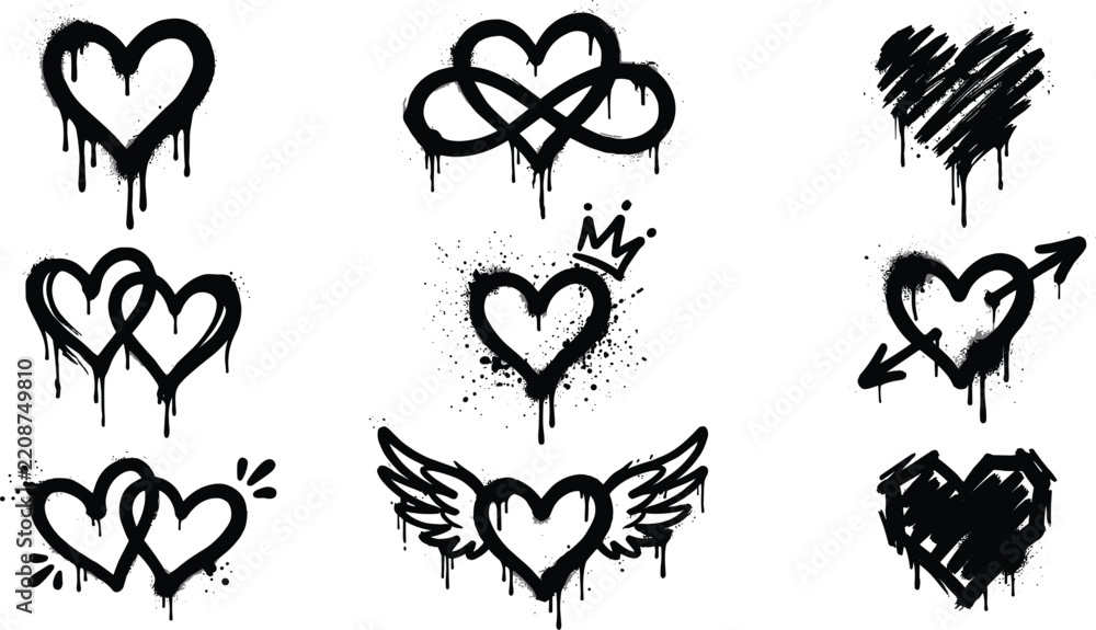 Fototapeta premium Black Graffiti Spray Paint Heart Icon Set with Drips, Splatters, Infinity Love Symbols, Crown Accents, and Wings for Urban Street Art Designs